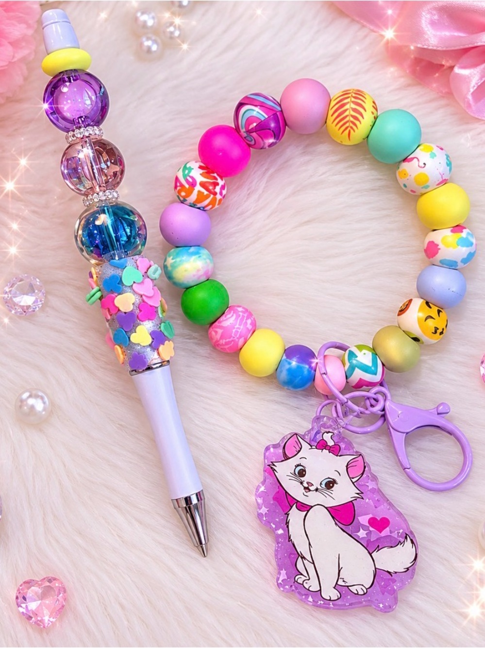 Handmade Beaded Wristlet Keychain & Beaded Confetti Pen Set